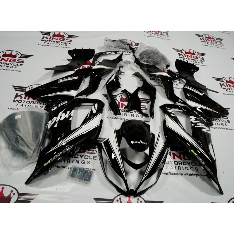 Fairing kit for a Kawasaki ZX6R 636 (2013-2018) Black & White Elf Clear Windscreen: Free No Seat Cowl No Bolt Kit