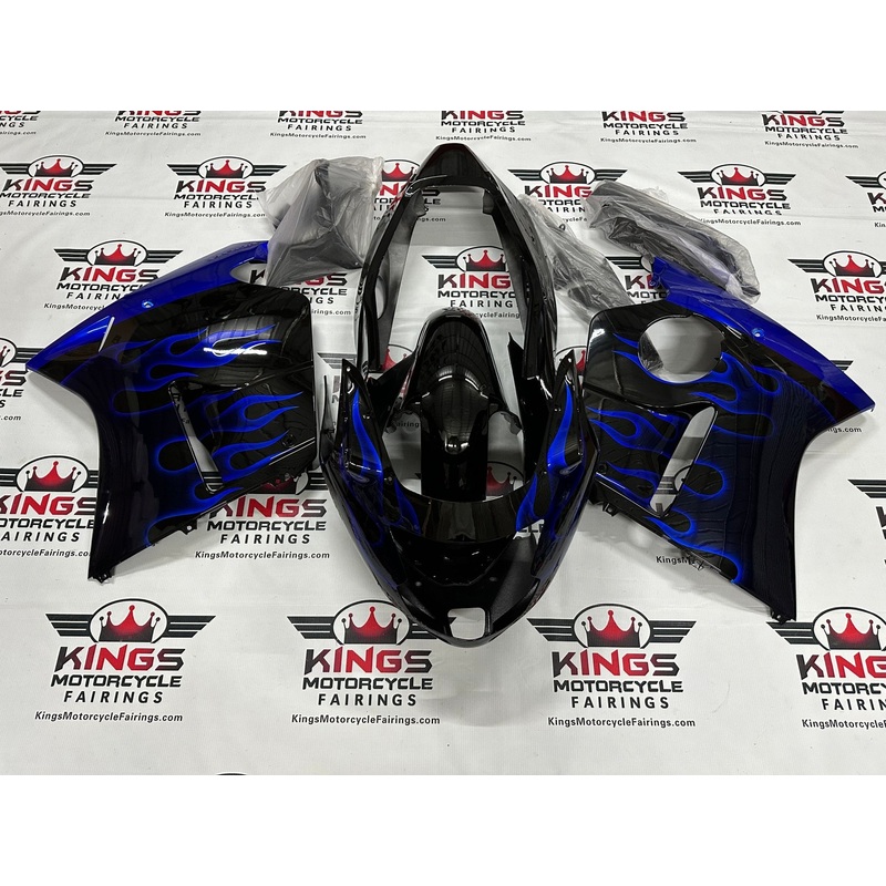 HONDA CBR1100XX Super Blackbird (1996-2007) Black, Blue Flames Fairings Clear Windscreen: Free No Bolt Kit No Tank