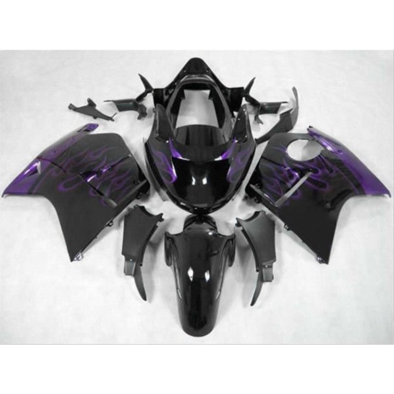 HONDA CBR1100XX Super Blackbird (1996-2007) Black & Dark Purple Flame Fairings Clear Windscreen: Free No Bolt Kit No Tank