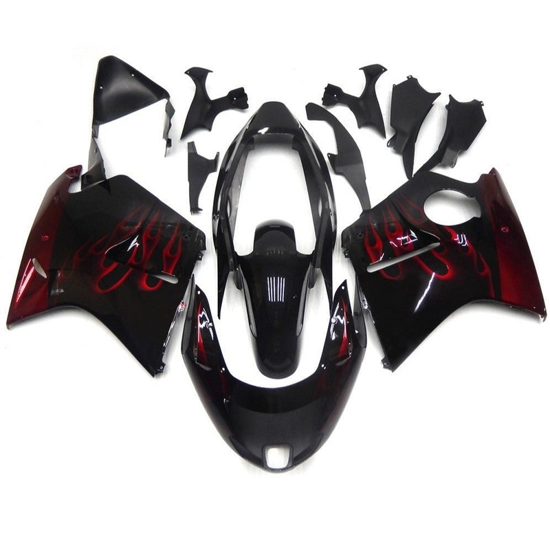 HONDA CBR1100XX Super Blackbird (1996-2007) Black & Dark Red Flame Fairings Clear Windscreen: Free No Bolt Kit No Tank