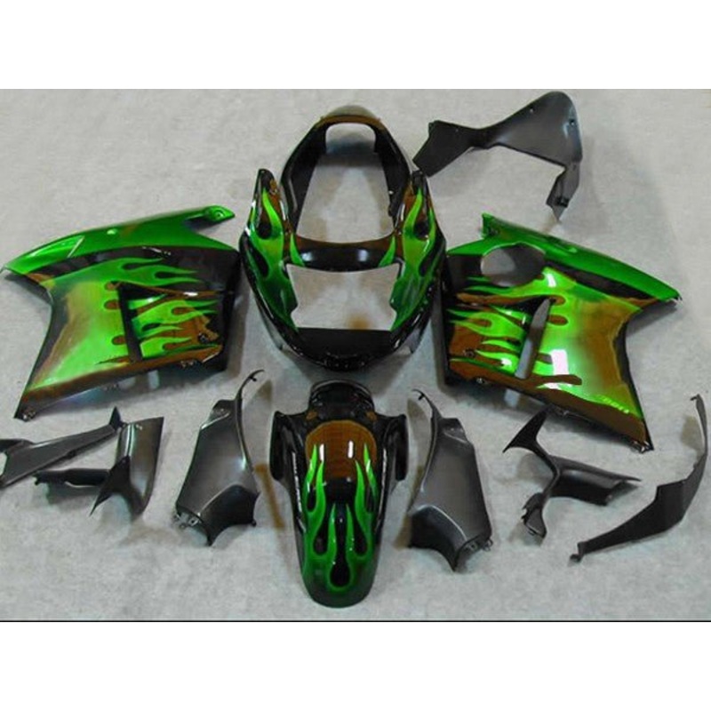 HONDA CBR1100XX Super Blackbird (1996-2007) BLACK & GREEN FLAME FAIRINGS Clear Windscreen: Free No Bolt Kit No Tank