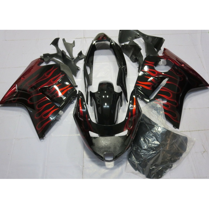 HONDA CBR1100XX Super Blackbird (1996-2007) Black & Red Flame Fairings Clear Windscreen: Free No Bolt Kit No Tank