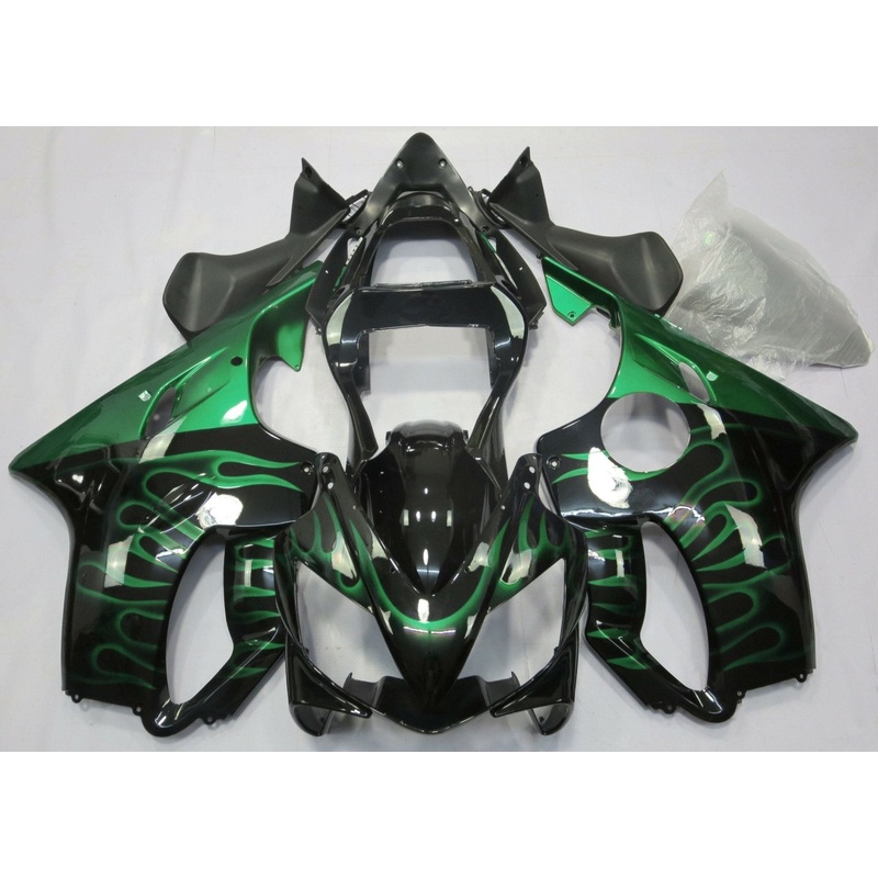 Honda CBR600F4i (2001-2003) Black & Green Flame Fairings Clear Windscreen: Free No Bolt Kit No Tank
