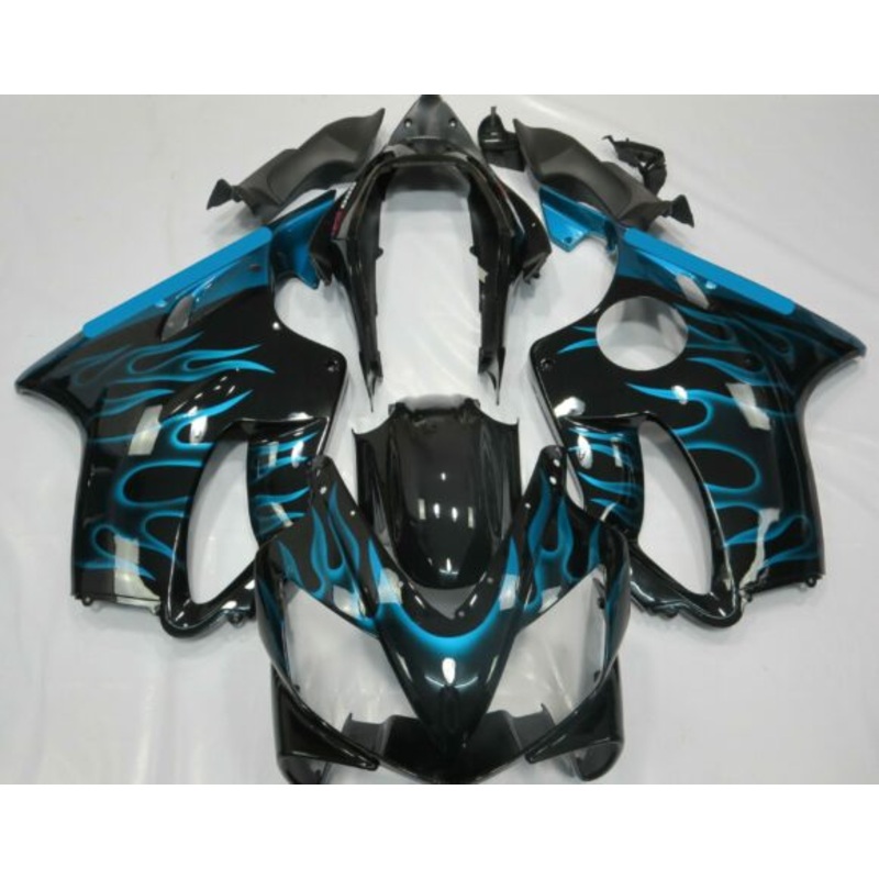 Honda CBR600F4i (2001-2003) Black & Light Blue Flame Fairings Clear Windscreen: Free No Bolt Kit No Tank