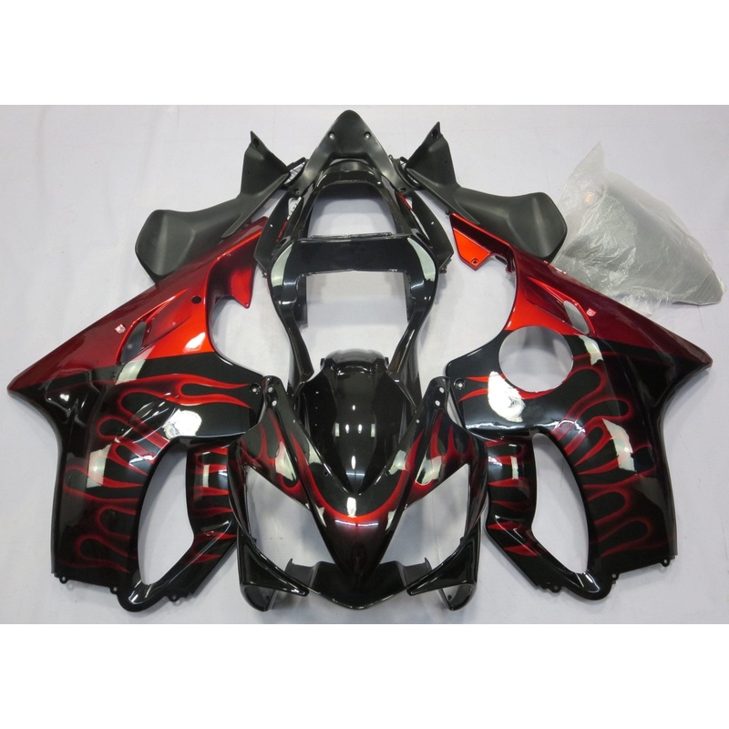 Honda CBR600F4i (2001-2003) Black & Red Flame Fairings Clear Windscreen: Free No Bolt Kit No Tank