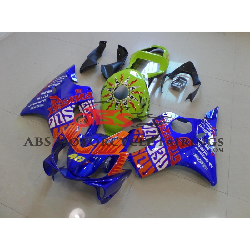 Honda CBR600F4i (2001-2003) Blue, Green & Orange Rossi Fairings Clear Windscreen: Free No Bolt Kit No Tank