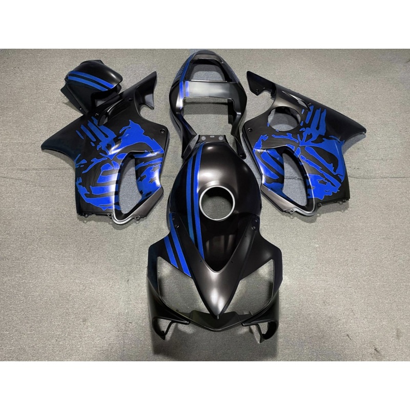 Honda CBR600F4i (2001-2003) Matte Black & Blue Skull Fairings Clear Windscreen: Free No Bolt Kit No Tank
