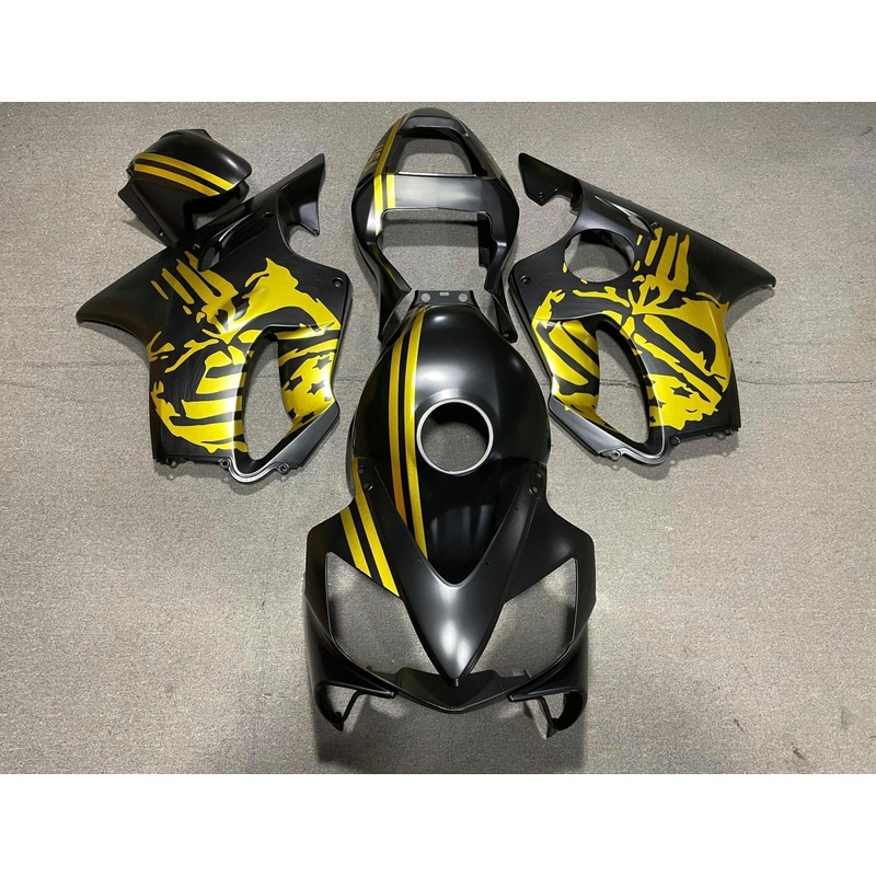 Honda CBR600F4i (2001-2003) Matte Black & Gold Skull Fairings Clear Windscreen: Free No Bolt Kit No Tank