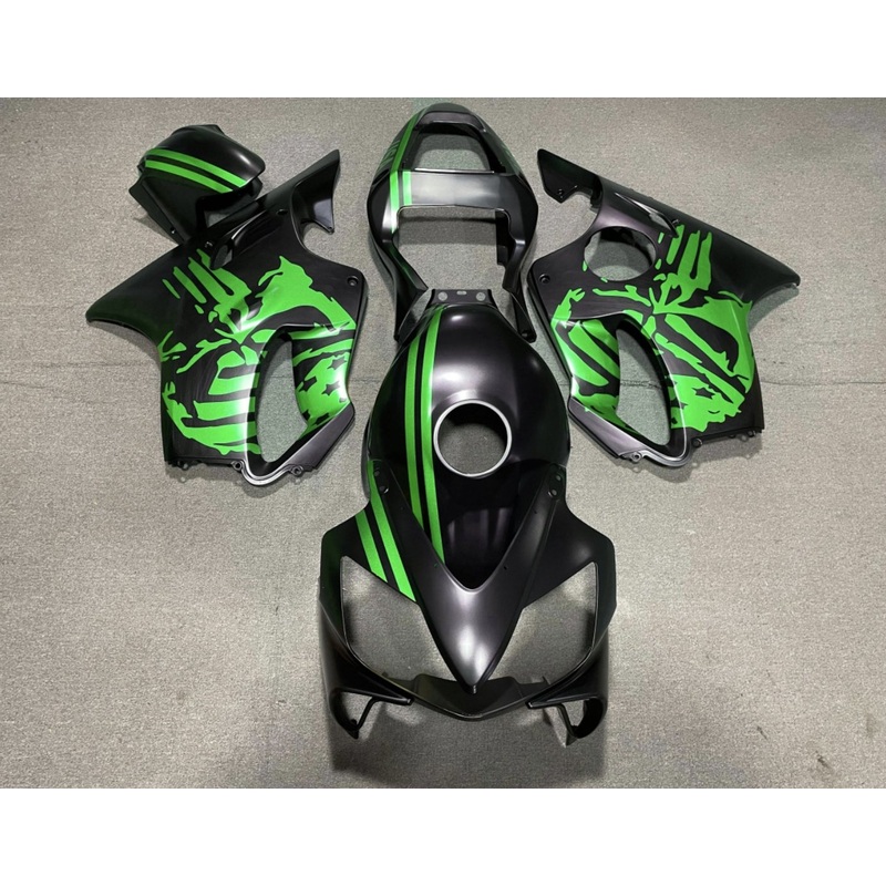 Honda CBR600F4i (2001-2003) Matte Black & Green Skull Fairings Clear Windscreen: Free No Bolt Kit No Tank