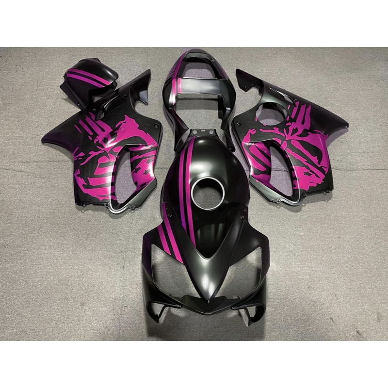 Honda CBR600F4i (2001-2003) Matte Black & Pink Skull Fairings Clear Windscreen: Free No Bolt Kit No Tank