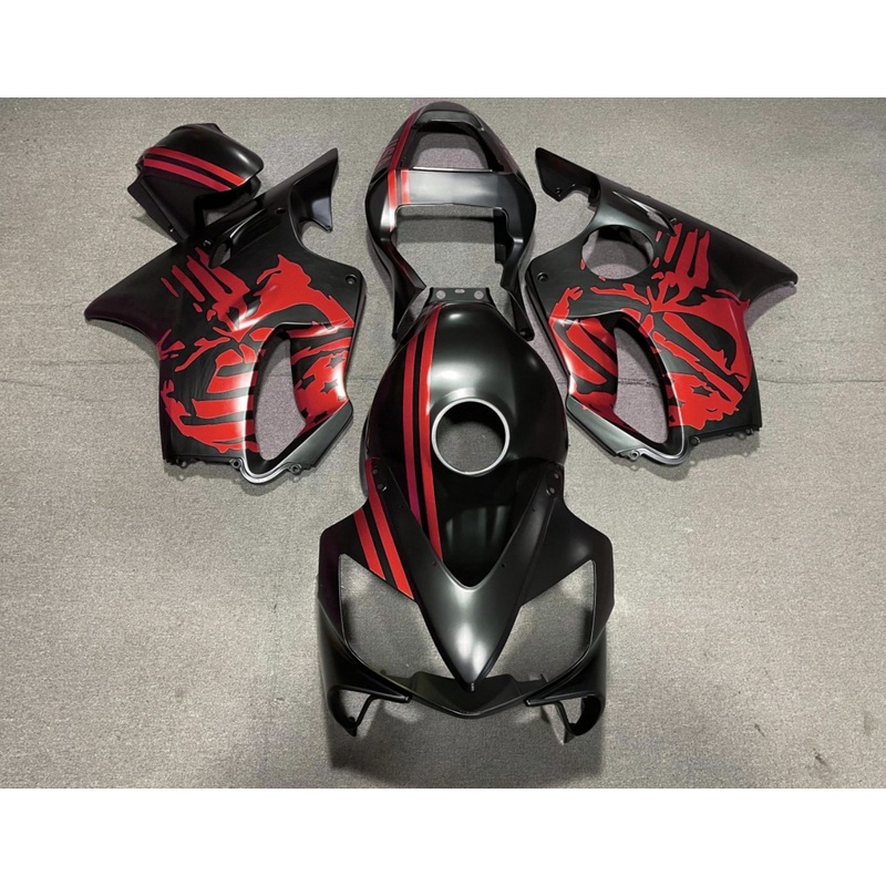 Honda CBR600F4i (2001-2003) Matte Black & Red Skull Fairings Clear Windscreen: Free No Bolt Kit No Tank