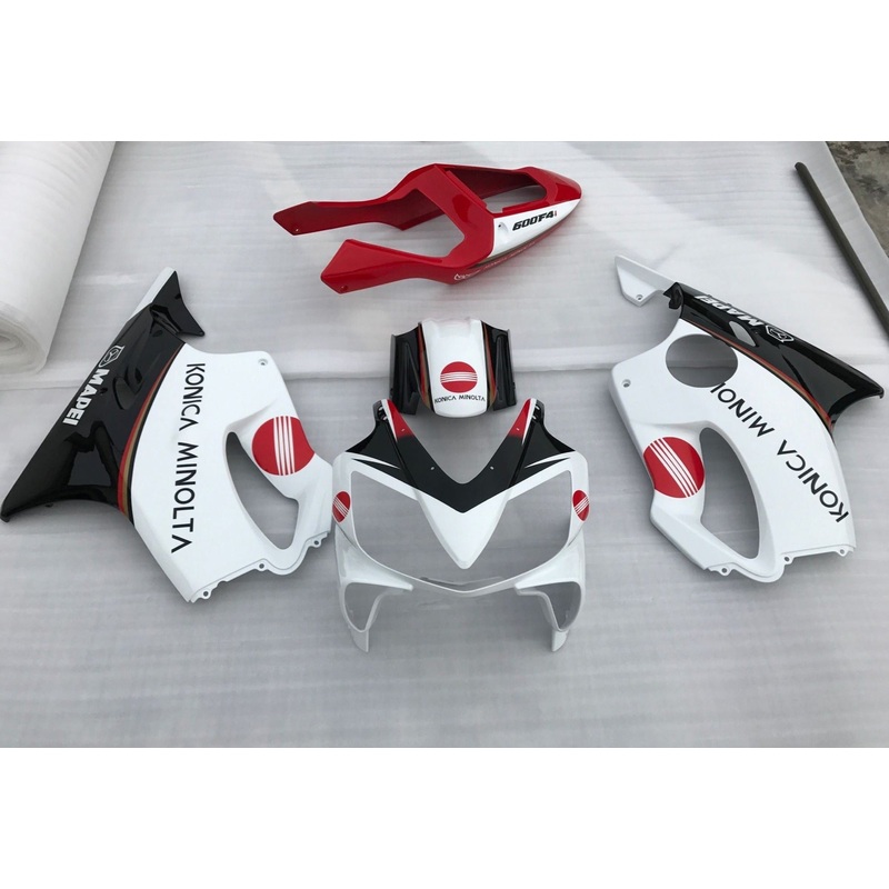 Honda CBR600F4i (2001-2003) White, Black & Red Konica Minolta Fairings Clear Windscreen: Free No Bolt Kit No Tank