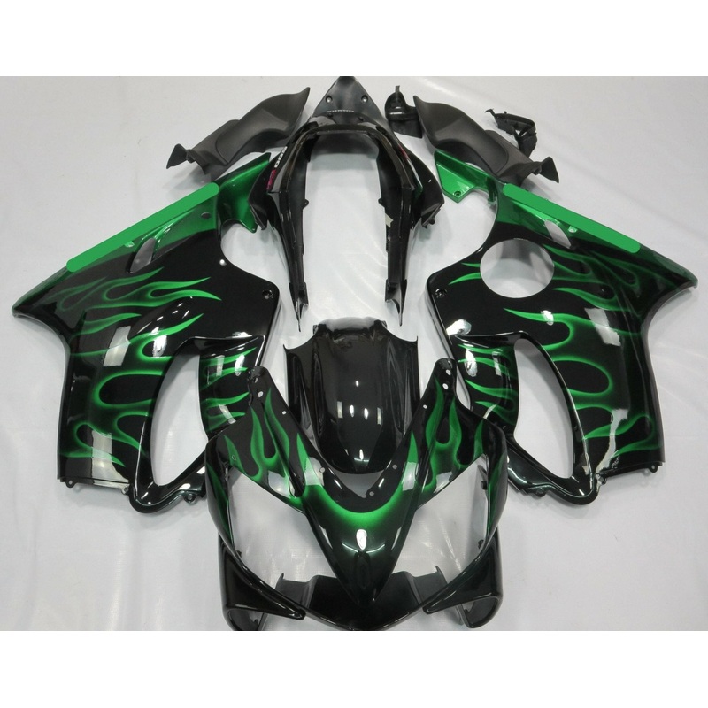 Honda CBR600F4i (2004-2007) Black & Green Flame Fairings Clear Windscreen: Free No Bolt Kit No Tank