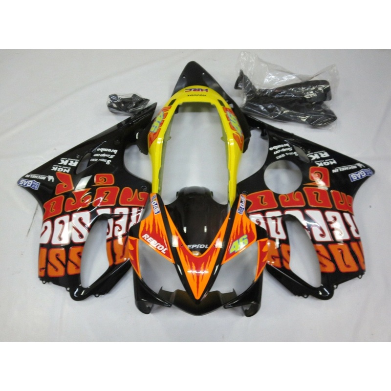 Honda CBR600F4i (2004-2007) Black, Orange & Yellow Rossi Fairings Clear Windscreen: Free No Bolt Kit No Tank