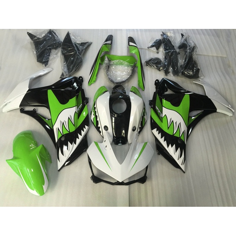 Yamaha YZF-R3 (2015-2018) White, Green, Black Shark Teeth Fairings No Seat Cowl No Bolt Kit No Tank Cover