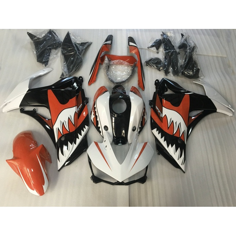 Yamaha YZF-R3 (2015-2018) White, Orange & Black Shark Teeth Fairings No Seat Cowl No Bolt Kit No Tank Cover