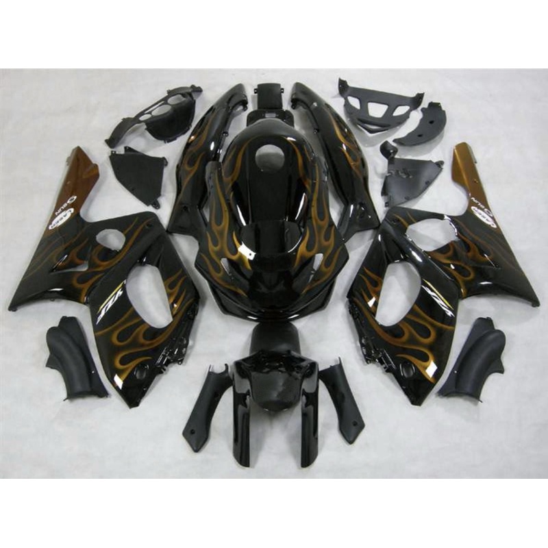 YAMAHA YZF600R (1998-2007) BLACK & DARK GOLD FLAME FAIRINGS Clear Windscreen: Free No Bolt Kit No Tank Cover