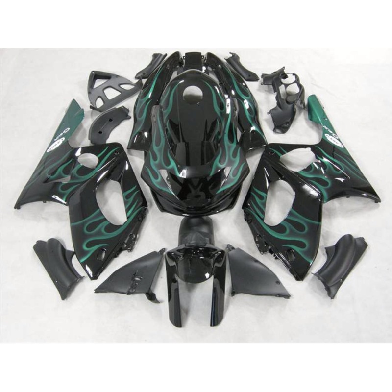 YAMAHA YZF600R (1998-2007) BLACK & GREEN FLAME FAIRINGS Clear Windscreen: Free No Bolt Kit No Tank Cover
