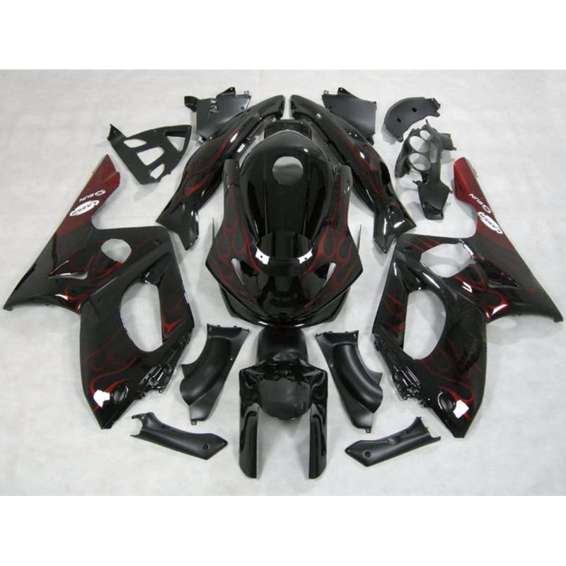 YAMAHA YZF600R (1998-2007) BLACK & RED FLAME FAIRINGS Clear Windscreen: Free No Bolt Kit No Tank Cover
