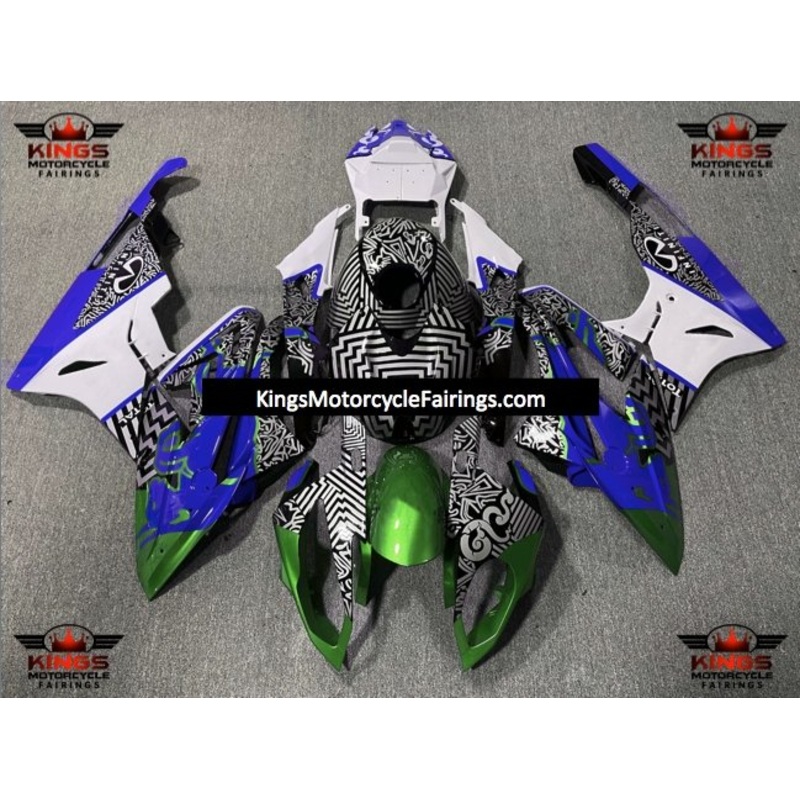 BMW S1000RR (2009-2014) White, Black, Green & Blue Bull Pattern Fairings No Seat Cowl No Bolt Kit No Tank