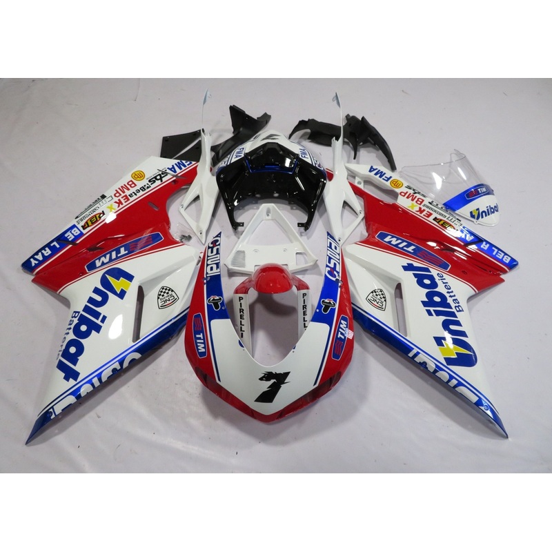 Ducati 1098 (2007-2012) White, Red & Blue Unibat Fairings Clear Windscreen: Free No Seat Cowl No Bolt Kit