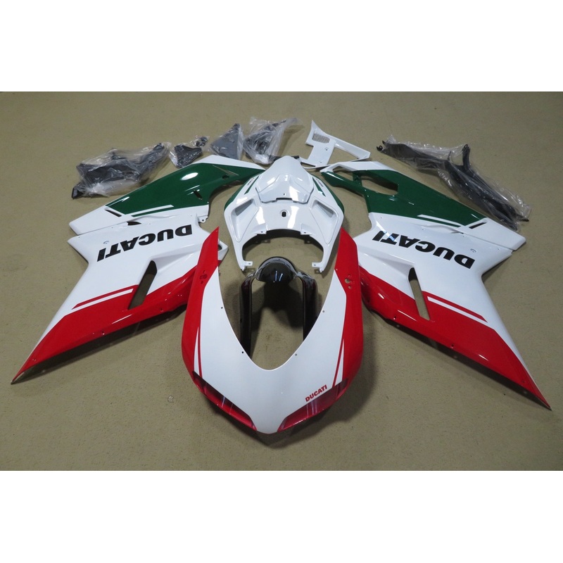 Ducati 1098 (2007-2012) White, Red & Green Fairings Clear Windscreen: Free No Seat Cowl No Bolt Kit