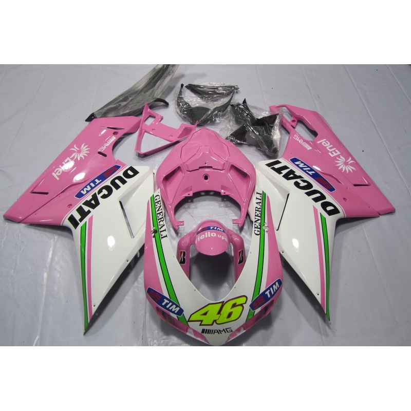 Ducati 1198 (2007-2012) Pink, White, Green & Black Fairings Clear Windscreen: Free No Seat Cowl No Bolt Kit