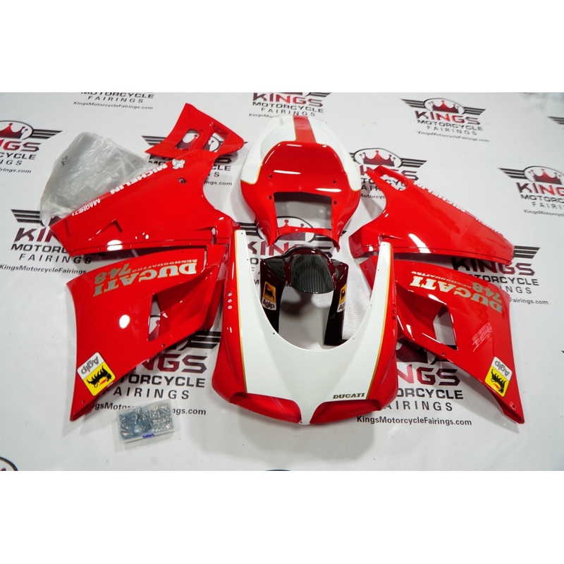 Ducati 748 (1994-2003) Red, White, Black & Gold Pinstripe Fairings Clear Windscreen: Free No Bolt Kit
