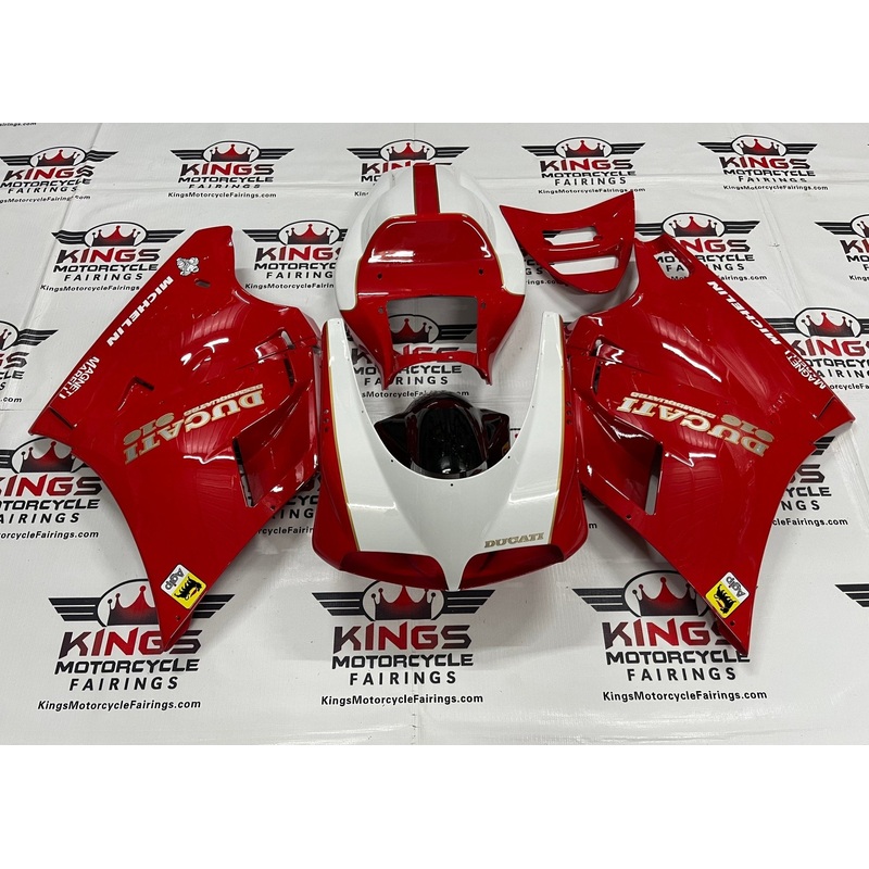 Ducati 916 (1994-1999) Red, White, Black & Gold Pinstripe Fairings Clear Windscreen: Free No Bolt Kit