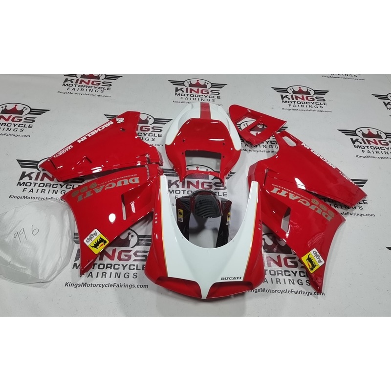 Ducati 996 (1998-2002) Red, White, Black & Gold Pinstripe Fairings Clear Windscreen: Free No Bolt Kit