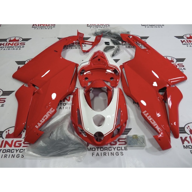 Ducati 999 (2005-2006) Red & White Classic Fairings Clear Windscreen: Free No Seat Cowl No Bolt Kit