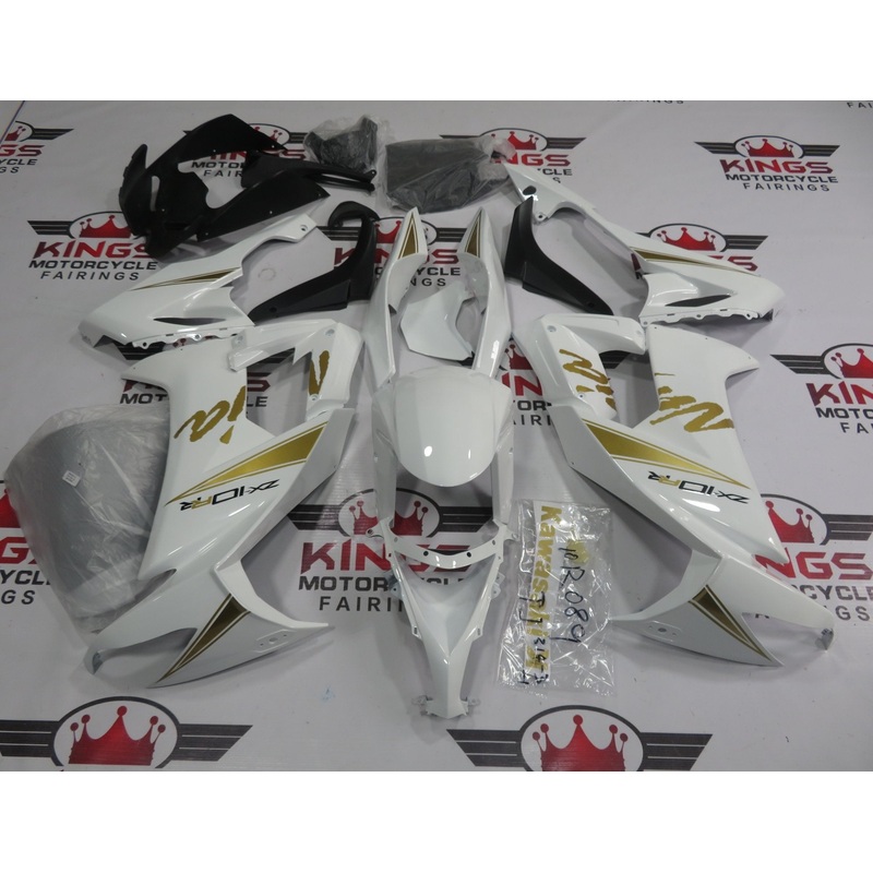 Fairing kit for a Kawasaki Ninja ZX10R (2008-2010) White & Gold Clear Windscreen: Free No Seat Cowl No Bolt Kit