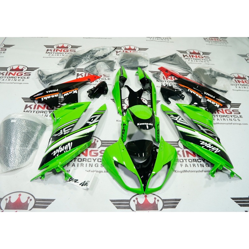 Fairings for Kawasaki Ninja ZX6R 636 (2009-2012) Green, Black, Pirelli Clear Windscreen: Free No Seat Cowl No Bolt Kit