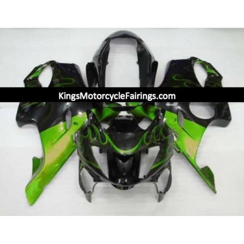 Honda CBR600F4 (1999-2000) Black & Green Flame Fairings Clear Windscreen: Free No Bolt Kit