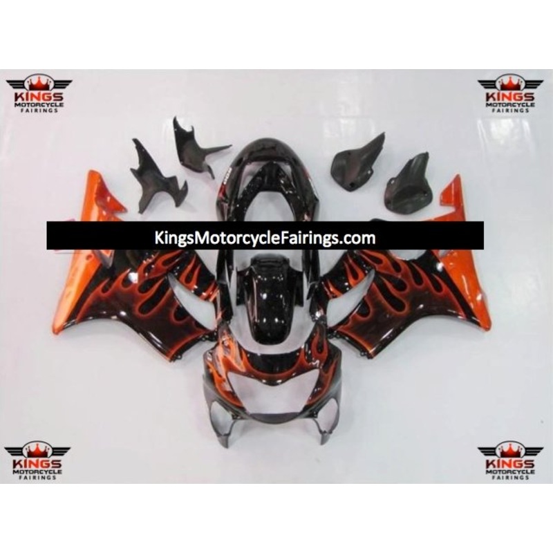 Honda CBR600F4 (1999-2000) Black & Orange Flame Fairings Clear Windscreen: Free No Bolt Kit