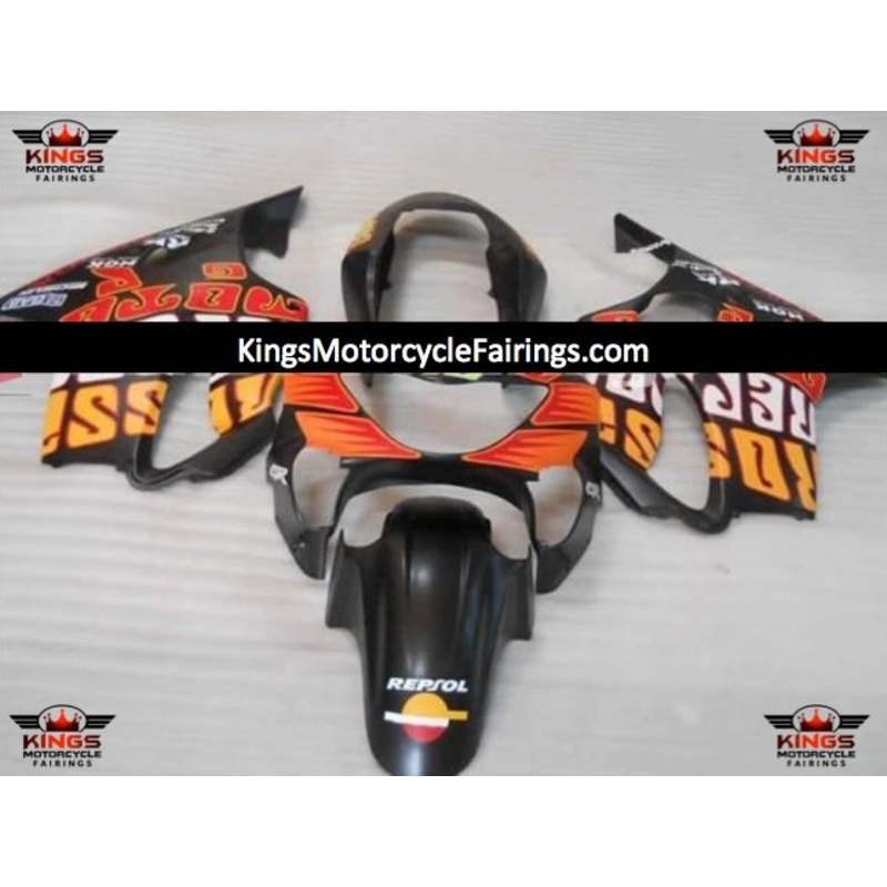 Honda CBR600F4 (1999-2000) Matte Black & Orange Repsol Rossi Fairings Clear Windscreen: Free No Bolt Kit