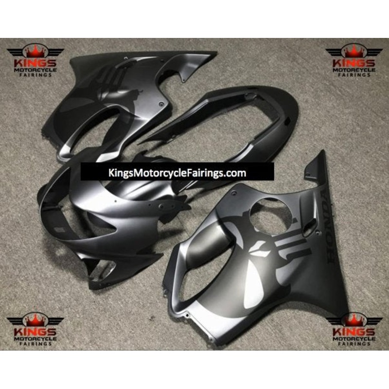 Honda CBR600F4 (1999-2000) Matte Gray & Matte Black Punisher Skull Fairings Clear Windscreen: Free No Bolt Kit