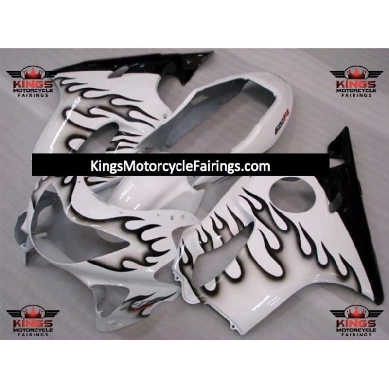 Honda CBR600F4 (1999-2000) White & Black Flame Fairings Clear Windscreen: Free No Bolt Kit