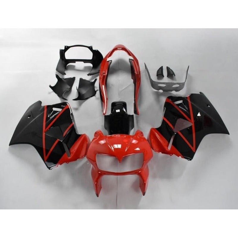 Honda VFR800 (1998-2001) Black, Red Stripes Fairings Clear Windscreen: Free No Bolt Kit