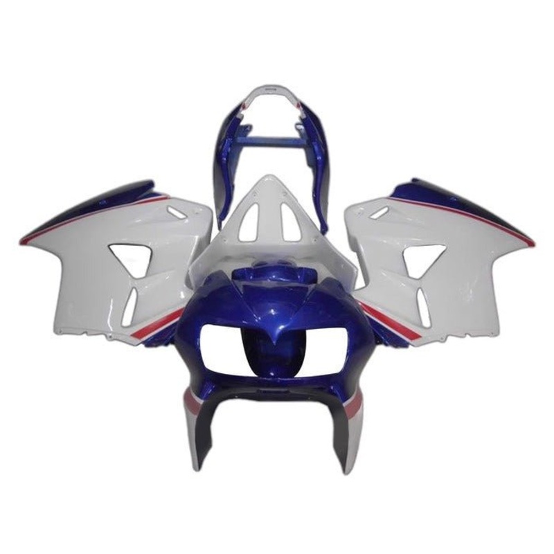 Honda VFR800 (1998-2001) White, Blue, Red Stripe Fairings Clear Windscreen: Free No Bolt Kit