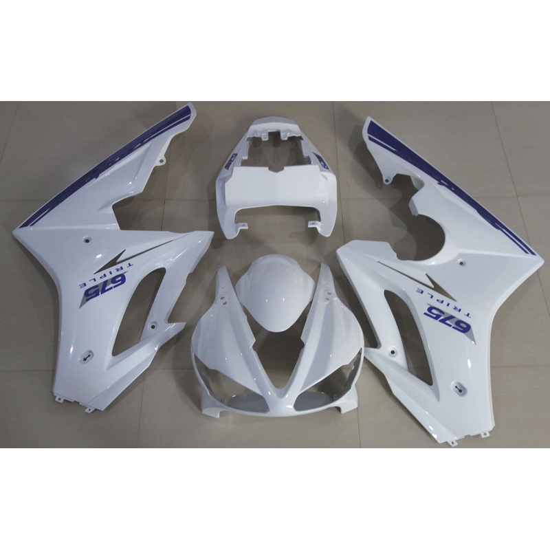 Triumph Daytona 675 (2009-2012) Gloss White, Blue Fairings Clear Windscreen: Free No Bolt Kit