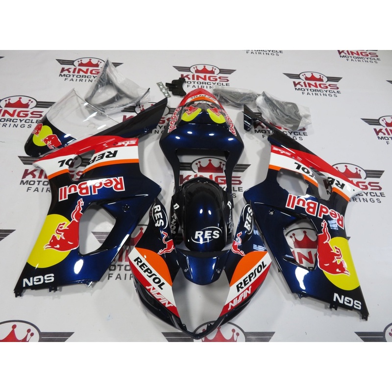 Suzuki GSXR1000 (2003-2004) Blue RedBull Repsol Fairings Clear Windscreen: Free No Seat Cowl No Bolt Kit