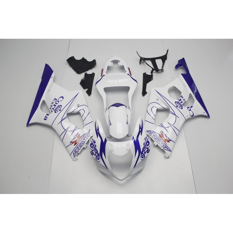 Suzuki GSXR1000 (2003-2004) White & Blue Tribal Corona Fairings Clear Windscreen: Free No Seat Cowl No Bolt Kit