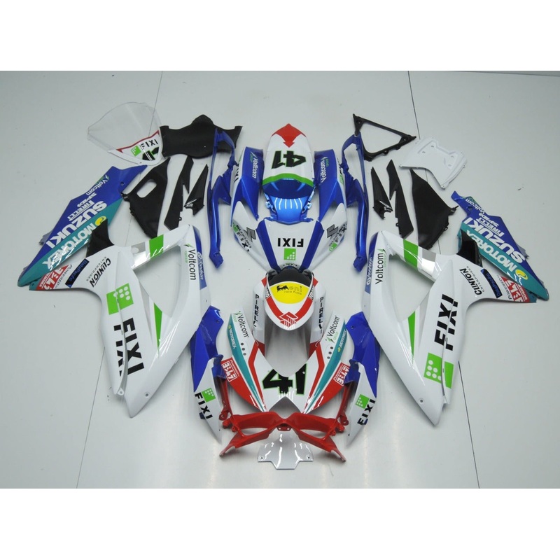Suzuki GSXR1000 (2009-2016) White, Blue, Green & Red Fixi #41 Fairings Clear Windscreen: Free No Seat Cowl No Bolt Kit