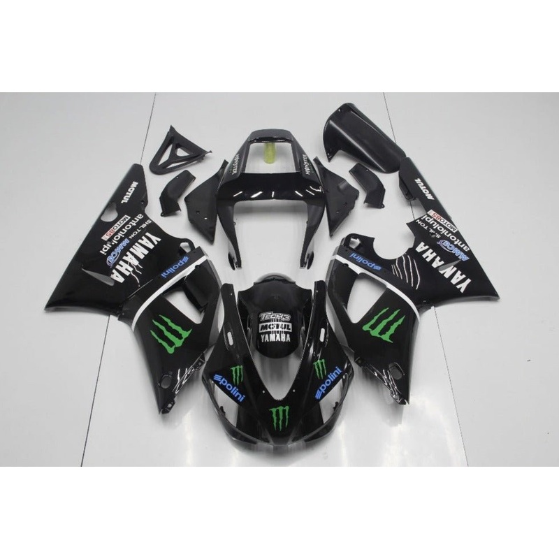 Yamaha YZF-R1 (1998-1999) Black, White, Blue & Green Fairings Clear Windscreen: Free No Seat Cowl No Bolt Kit