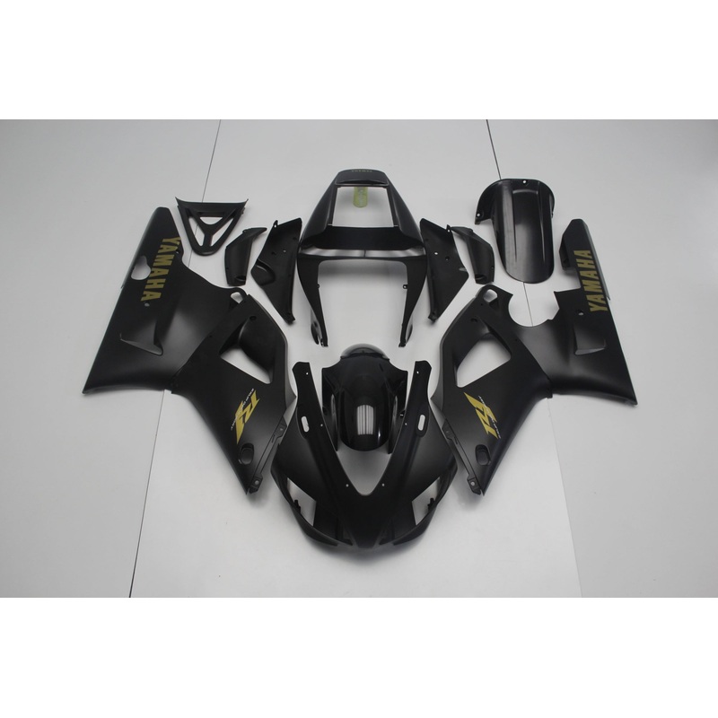Yamaha YZF-R1 (1998-1999) Matte Black, Gloss Black & Gold Fairings Clear Windscreen: Free No Seat Cowl No Bolt Kit