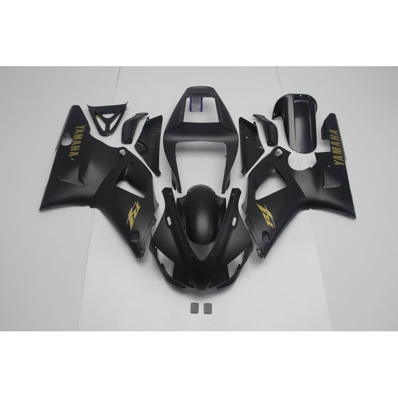 Yamaha YZF-R1 (1998-1999) Matte Black & Gold Fairings Clear Windscreen: Free No Seat Cowl No Bolt Kit