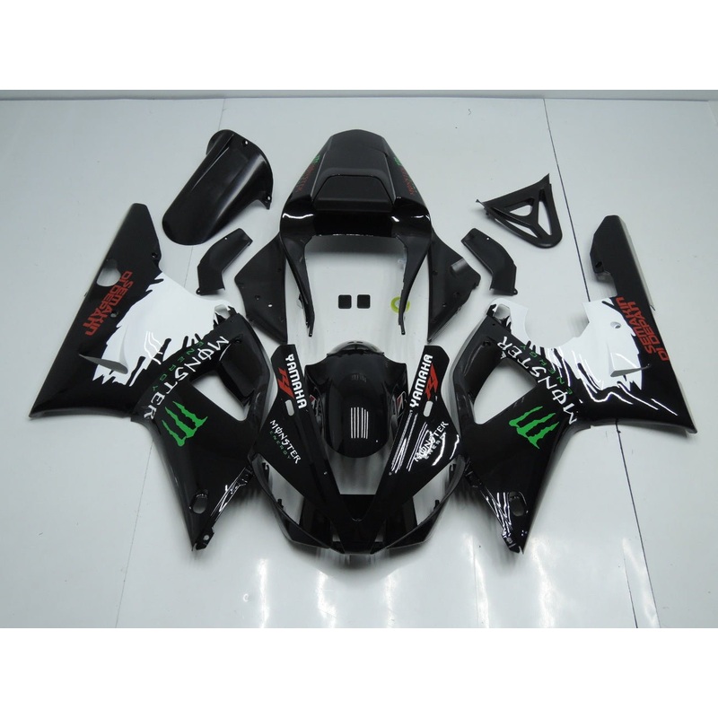 Yamaha YZF-R1 (2000-2001) Black & White Monster Energy Fairings Clear Windscreen: Free No Seat Cowl No Bolt Kit
