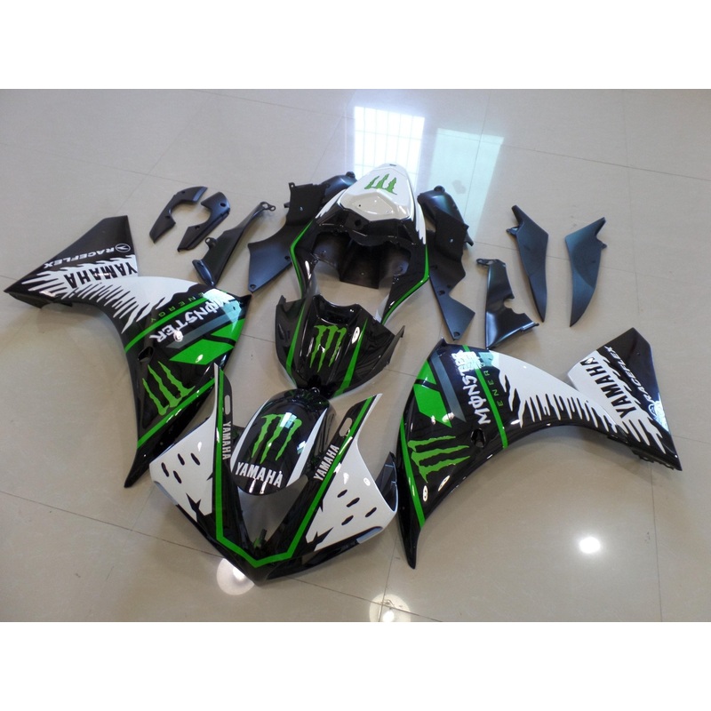 Yamaha YZF-R1 (2009-2011) Black, White & Green Monster Fairings No Seat Cowl No Bolt Kit No Tank