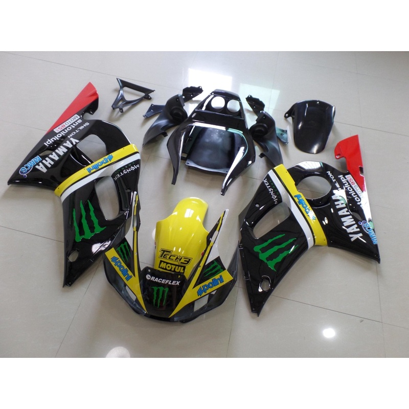 Yamaha YZF-R6 (1998-2002) Black & Yellow Monster Fairings Clear Windscreen: Free No Bolt Kit